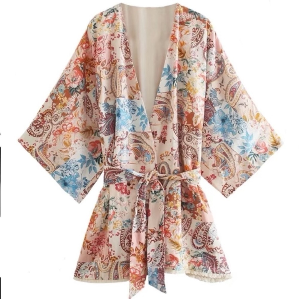 Goodnight Macaroon Brianna Boho Floral Patchwork Fringe Kimono Robe NWT